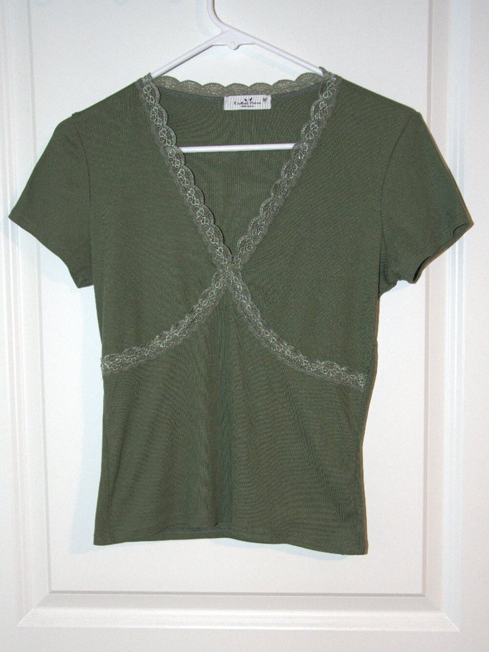 Rebellious Dreamer Olive Green Lace Trim Short-Sleeve Top